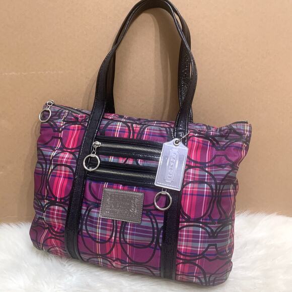 COACH POPPY Purple/Pink Tartan Plaid Glitter Outline Signature GLAM Tote #14360 - Picture 16 of 16